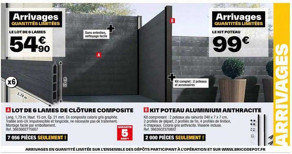 Lot De 6 Lames De Clôture Composite, Kit Poteau Aluminium  Anthracite