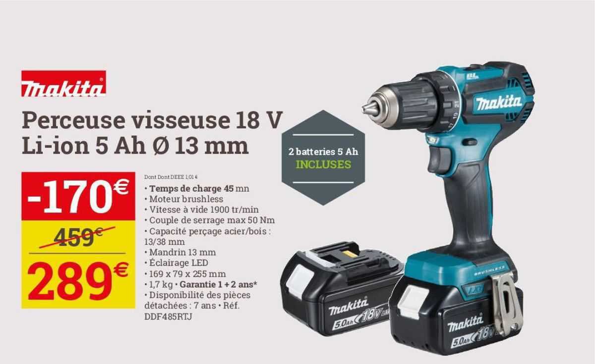 makita  perceuse visseuse 18 v li-ion 5 ah ø 13 mm