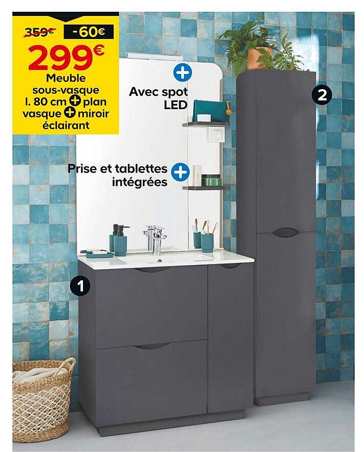 meuble sous-vasque l. 80 cm + plan vasque + miroir éclairant