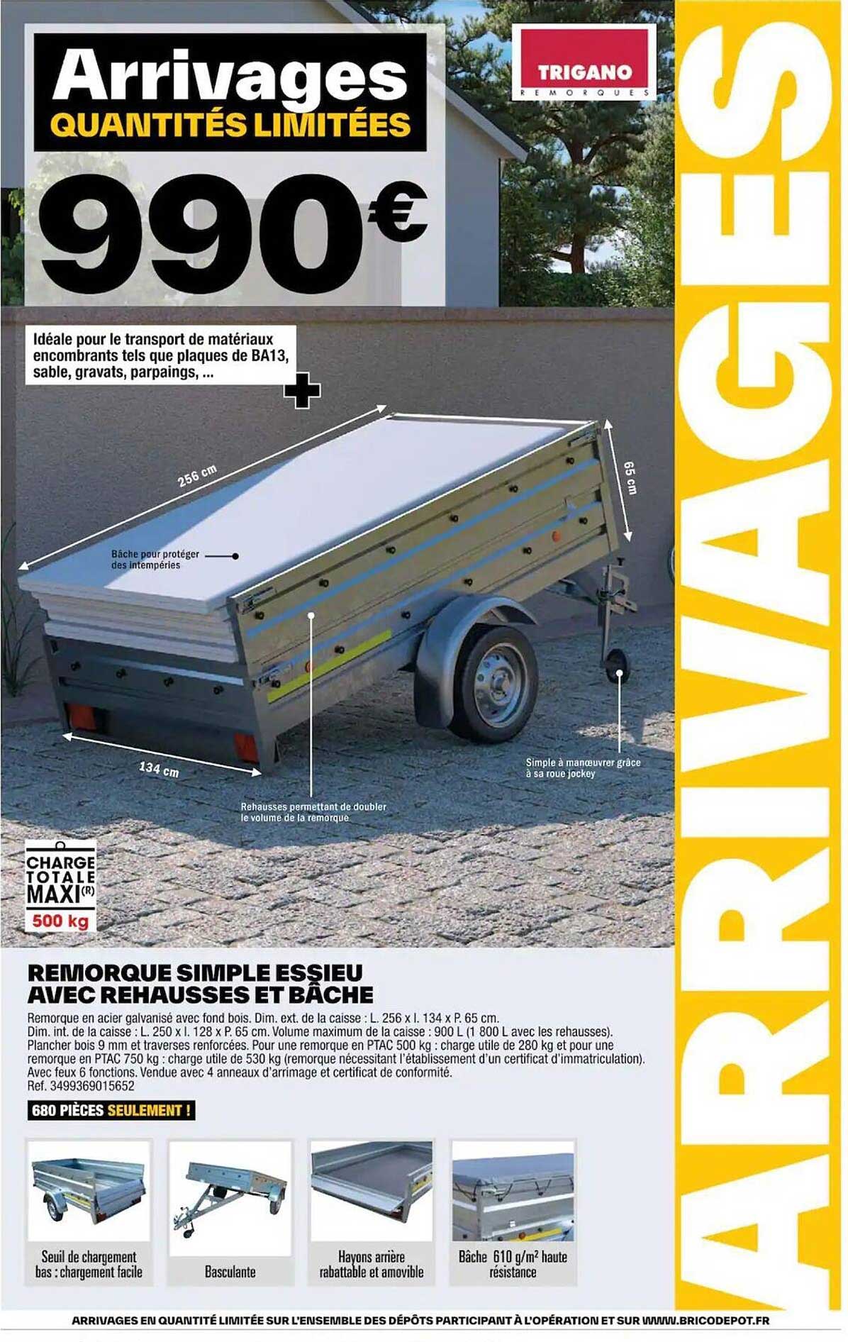 remorque simple essieu avec rehausses et bâche