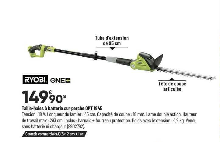 ryobi one+ taille-haies à batterie sur perche opt 1845