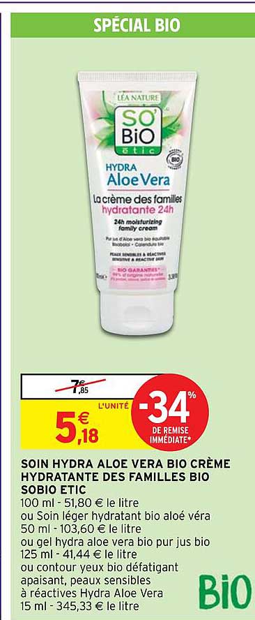 soin hydra aloe vera bio crème hydratant des familles bio sobio etic