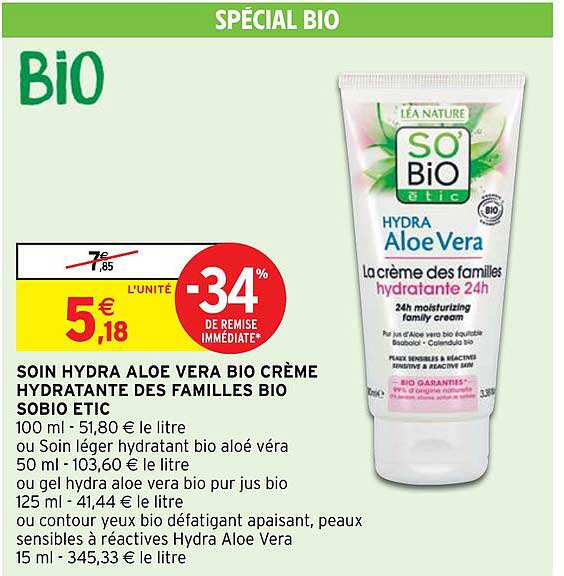 soin hydra aloe vera bio crème hydratante des familles bio sobio etic