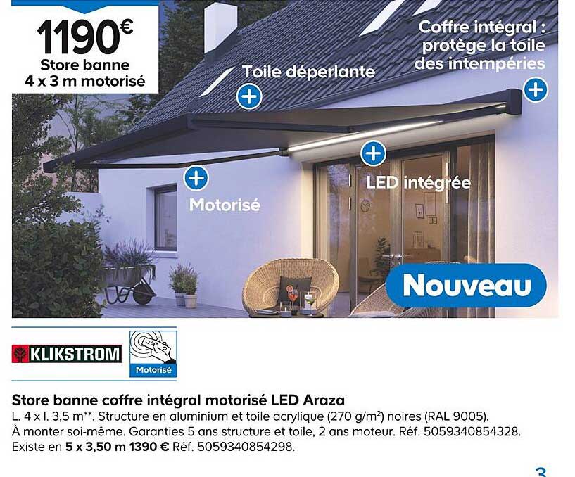 store banne coffre intégral motorisé led araza klikstrom