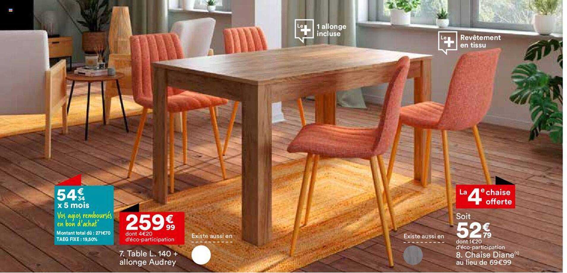 table l. 140 + allonge audrey chaise diane