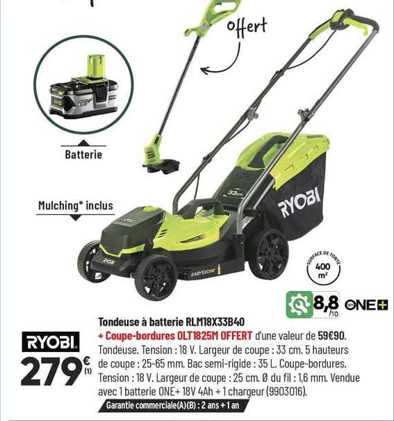 tondeuse à batterie rlm18x33b40 + coupe-bordures olt1825m offert ryobi