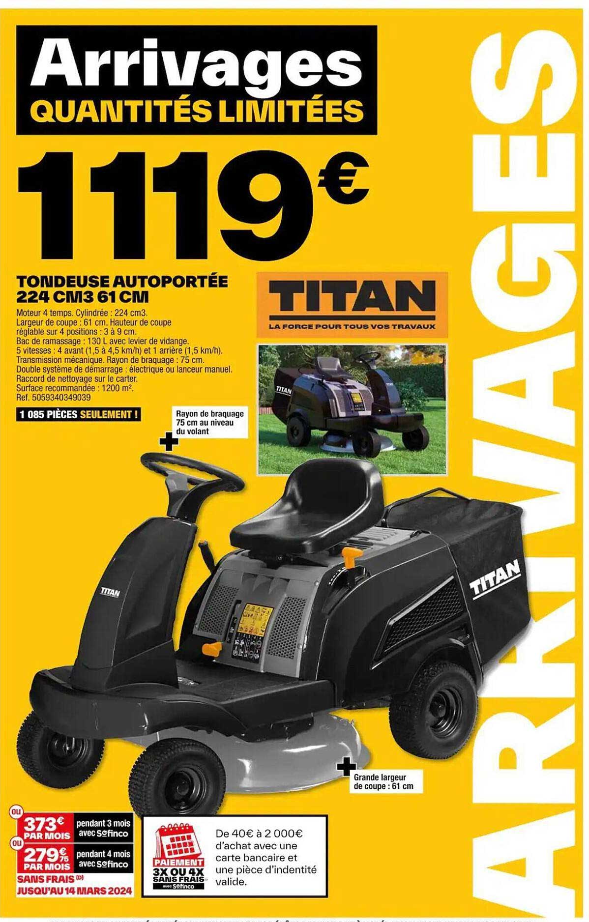 Tondeuse Autoportée 224 Cm³ 61 Cm Titan