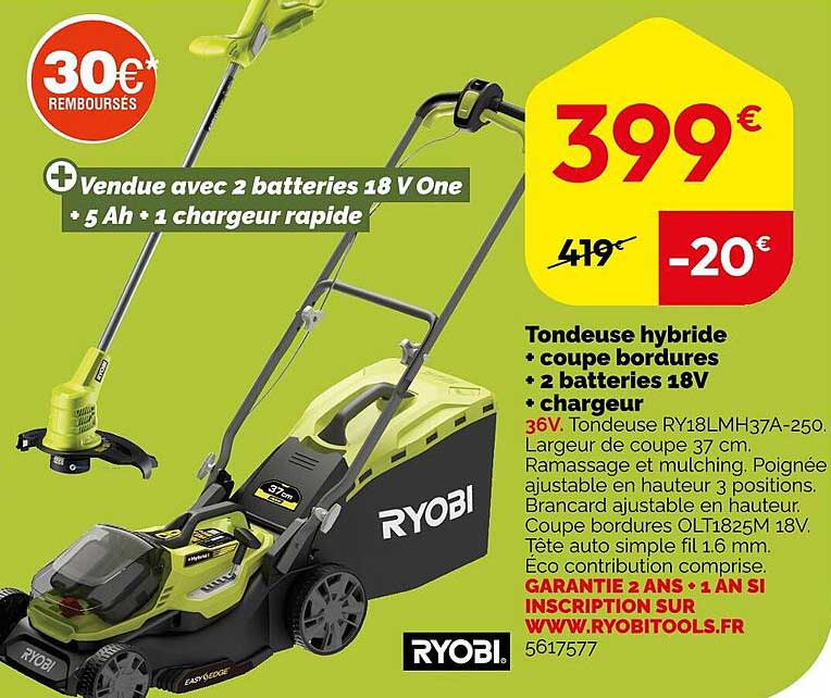 tondeuse hybride + coupe bordures + 2 batteries 18 v + chargeur ryobi