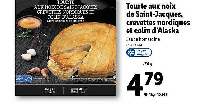 tourte aux noix de saint-jacques, crevettes nordiques et colin d'alaska