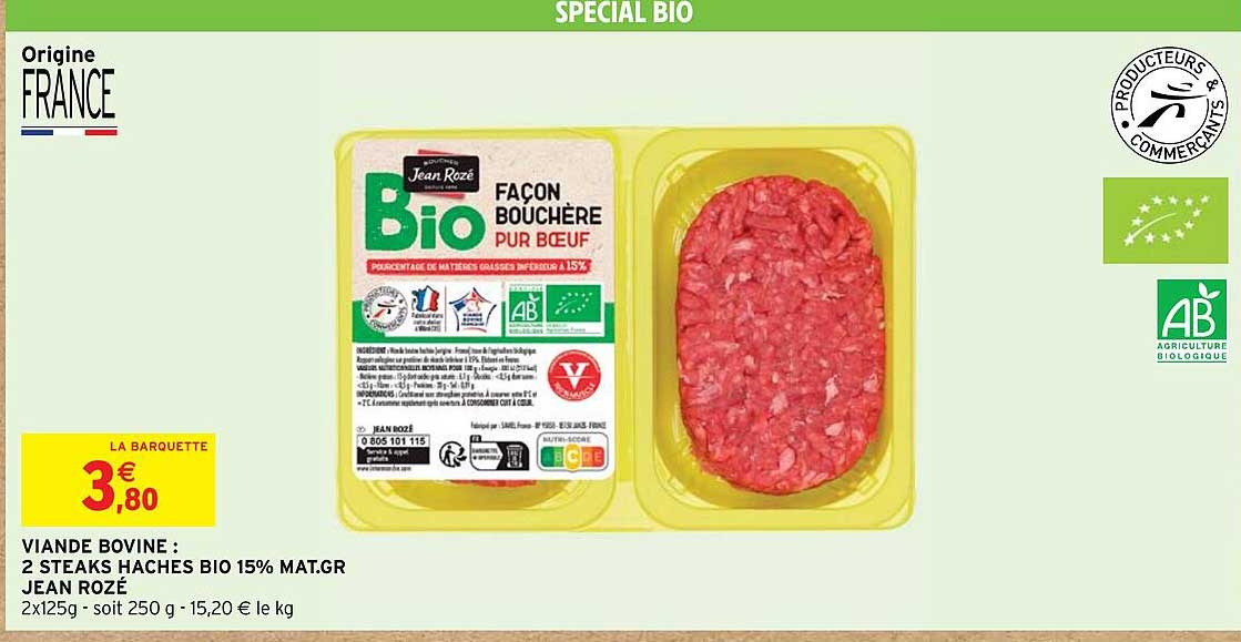 viande bovine : 2 steaks hachés bio 15% mat. gr. jean rozé