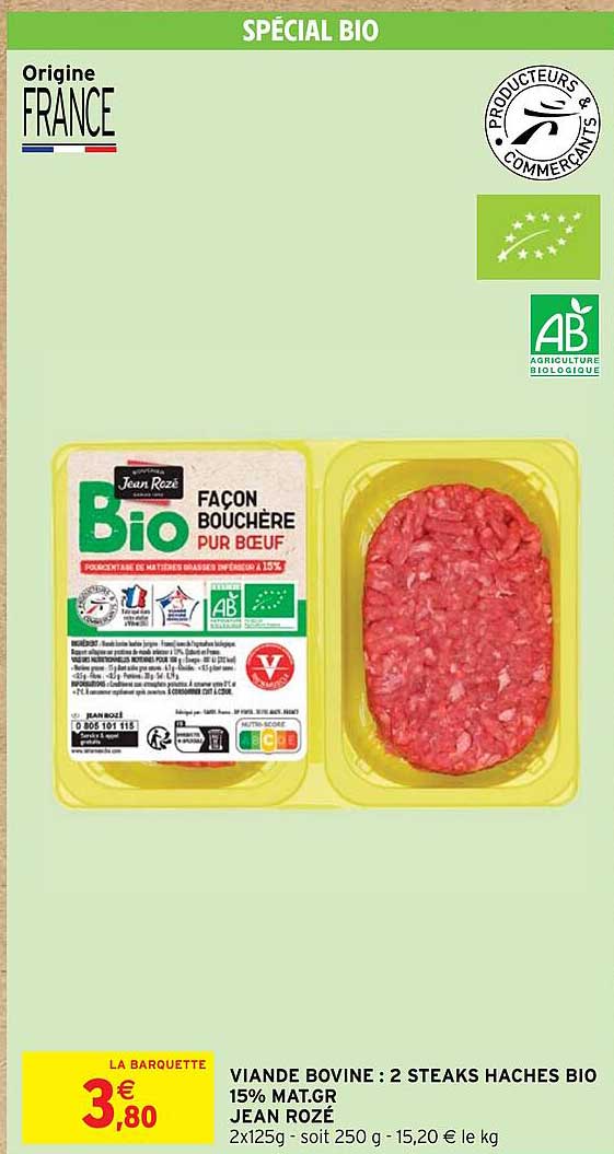 viande bovine : 2 steaks hachés bio 15% mat. gr. jean rozé