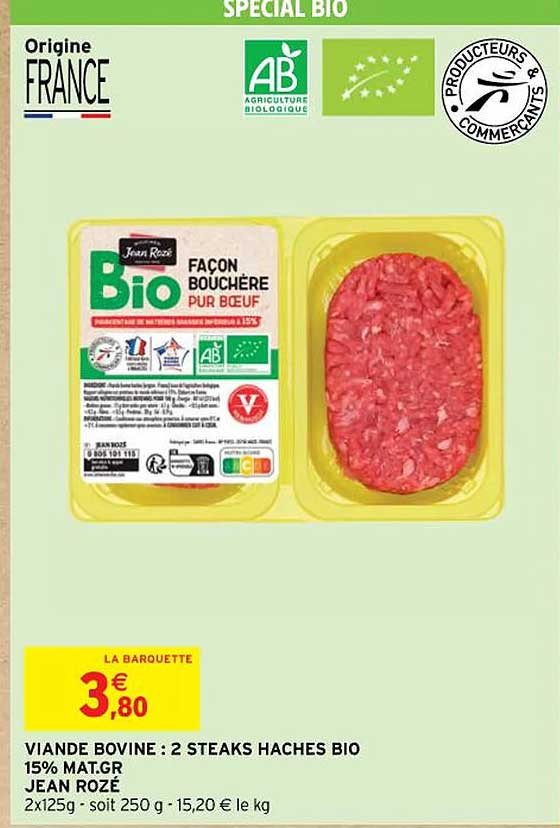 viande bovine : 2  steaks haches bio 15% mat.gr jean rozé