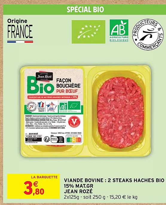 viande bovine : 2 steaks haches bio 15% mat.gr jean rozé