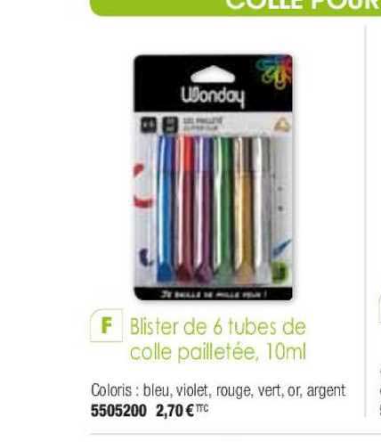 blister de 6 tubes de colle pailletée