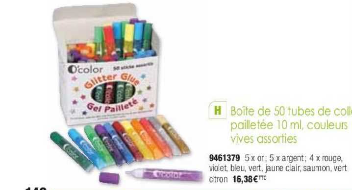 boîte de 50 tubes de colle pailletée 10ml couleurs vives assorties