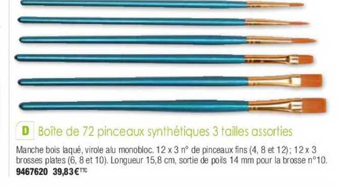 boîte de 72 pinceaux synthétiques 3 tailles assorties