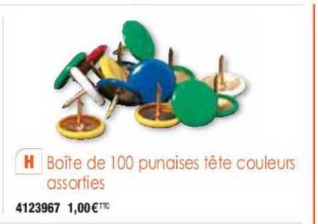 boîtes de 100 punaises tête couleurs assorties