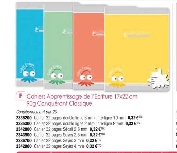 cahiers apprentissage de l’écriture 17x22 cm 90g conquérant classique