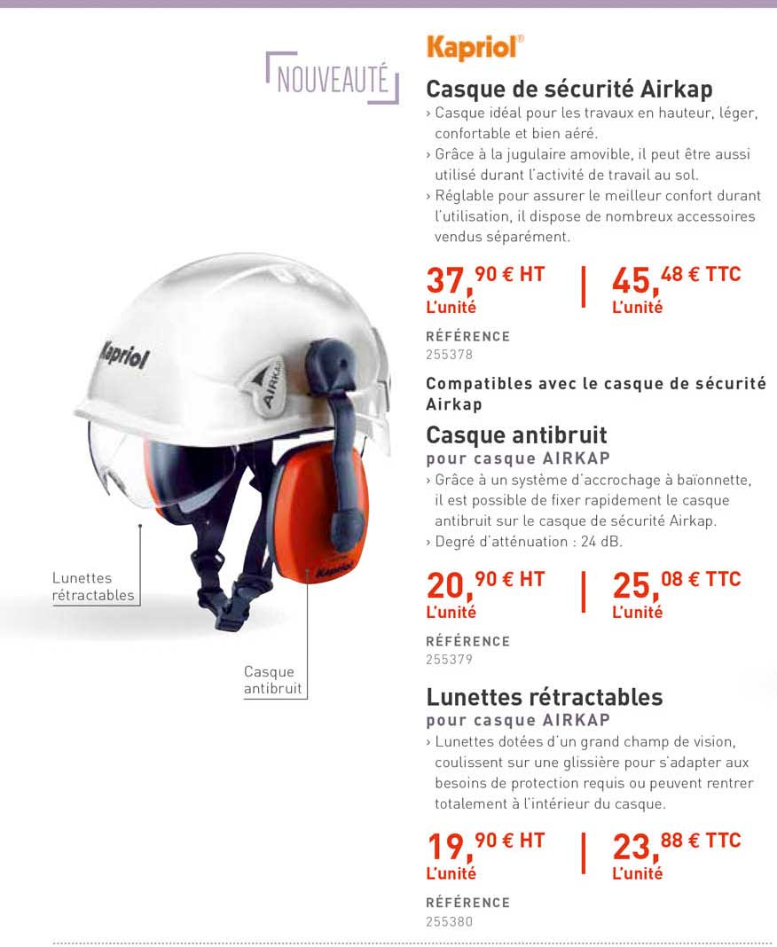 casque de sécurité airkap, casque antibruit, lunettes rétractables kapriol