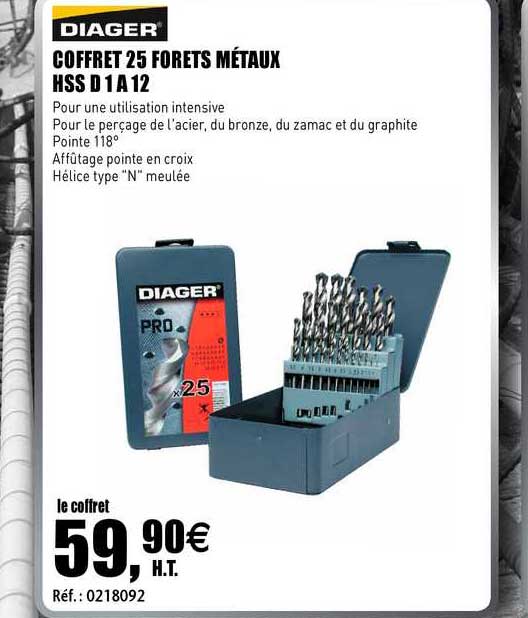 coffret 25 forets métaux hss d 1 a 12 diager