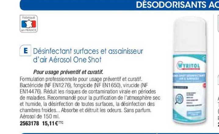 désinfectant surfaces et assainisseur d'air aérosol one shot