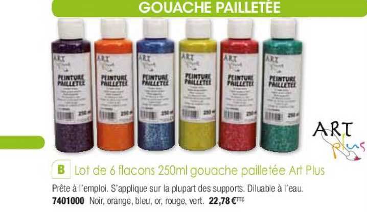 lot de 6 flacons 250ml gouache pailletée art plus