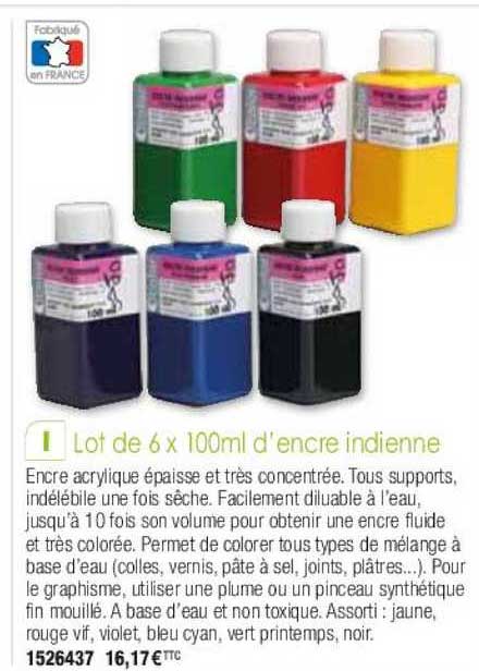 lot de 6 x 100ml d'encre indienne