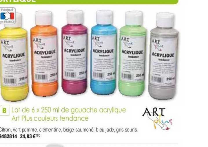 Lot De 6 X 250 Ml De Gouache Acrylique Art Plus Couleurs Tendance