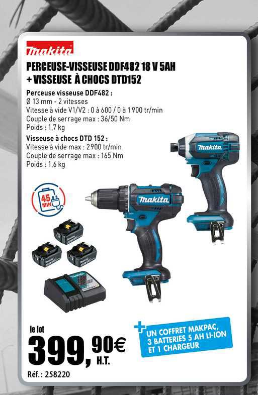 perceuse-visseuse ddf482 18 v 5am + visseuse à chocs dtd152 makita