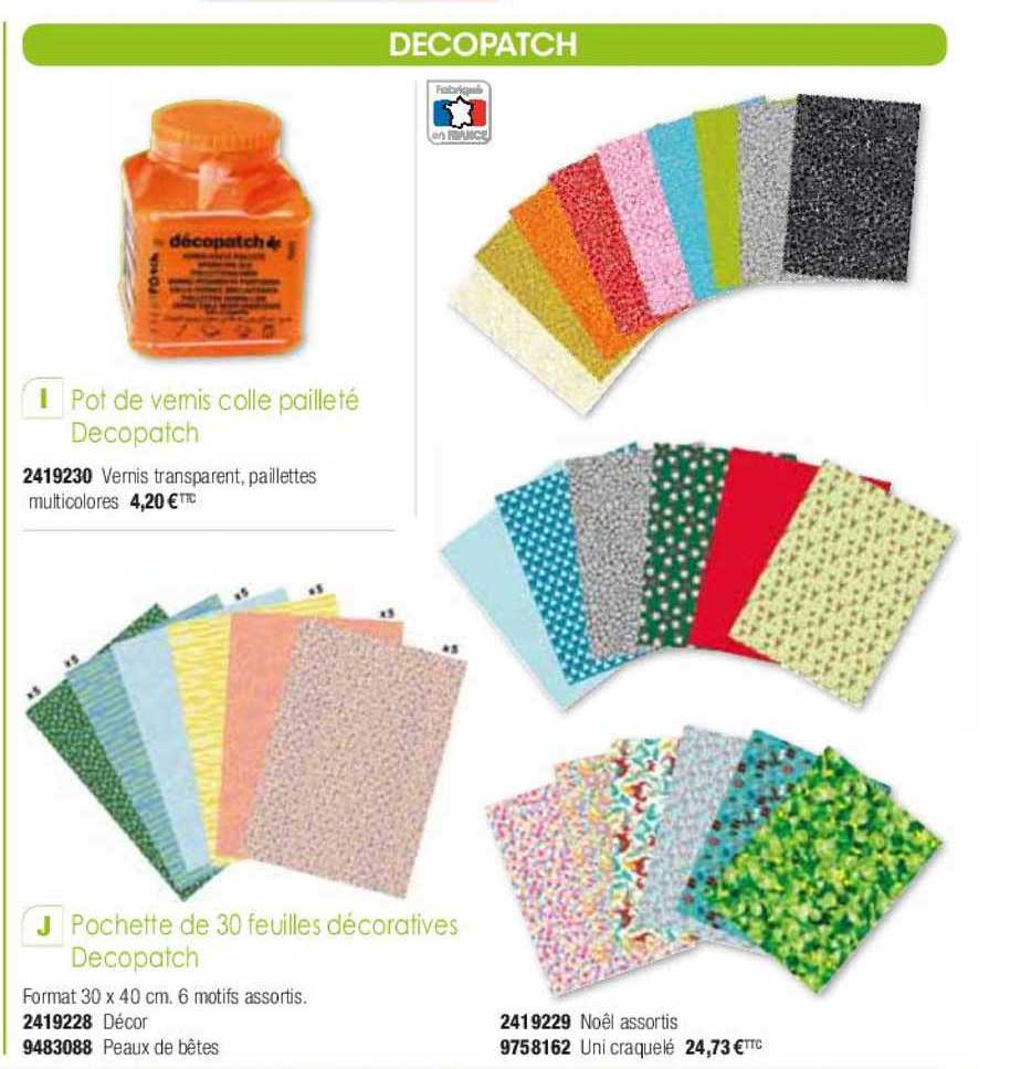 pot de vernis colle pailleté decopatch pochette de 30 feuilles décoratives decopatch