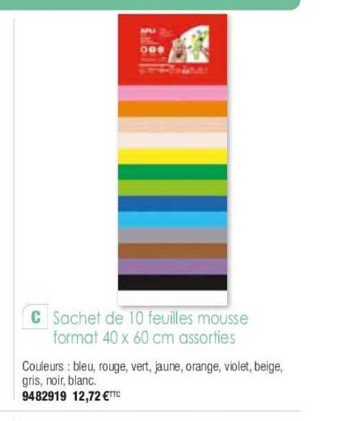 sachet de 10 feuilles mousse format 40 x 60 cm assorties