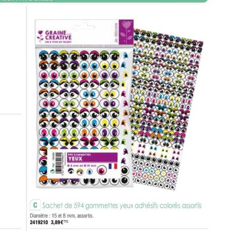 sachet de 594 gommettes yeux adhésifs colorés assortis