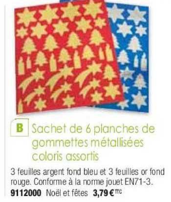 sachet de 6 planches de gommettes métalisées coloris assortis