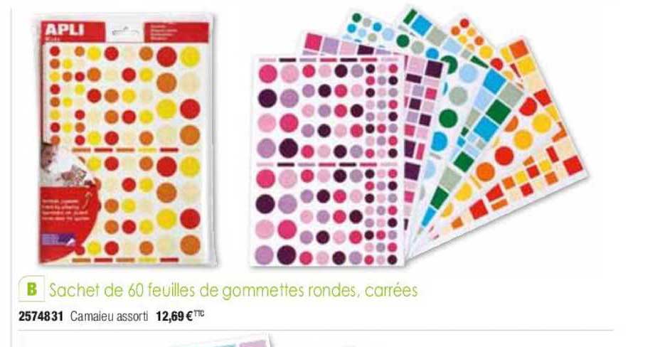 sachet de 60 feuilles de gommettes rondes carrées