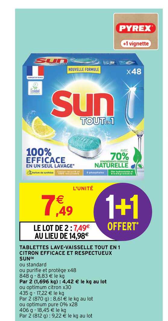 tablettes lave-vaisselle tout en 1 citron efficace et respectueux sun
