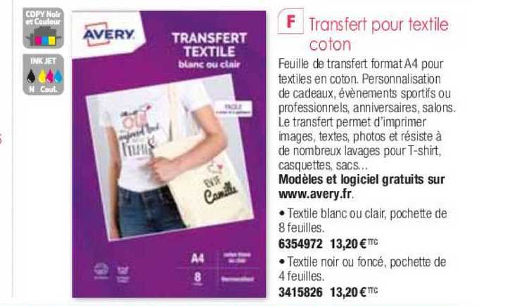 transfert pour textile coton avery