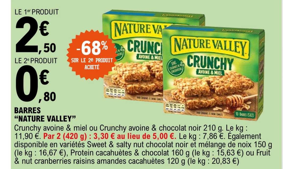 barres nature valley -68% sur le 2e produit acheté