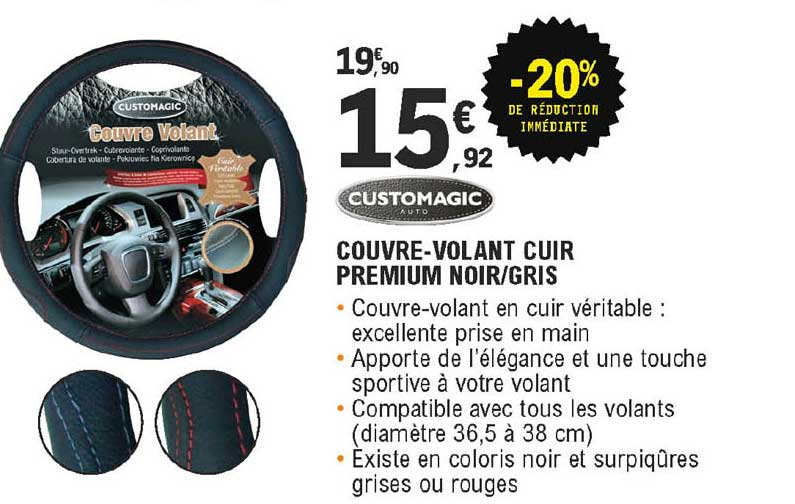 couvre-volant cuir premium noir gris customagic -20% de réduction immédiate