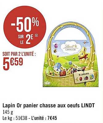 lapin or panier chasse aux œufs lindt -50% sur le 2e