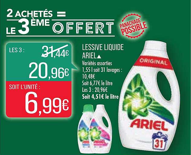 lessive liquide ariel 2 achetés = le 3ème offert