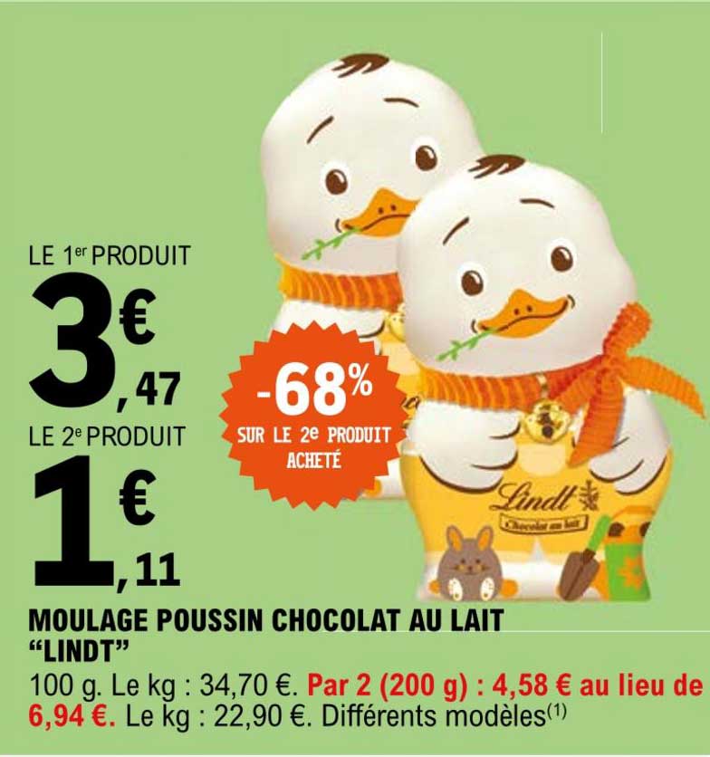 moulage poussin chocolat au lait lindt -68% sur le 2e produit acheté