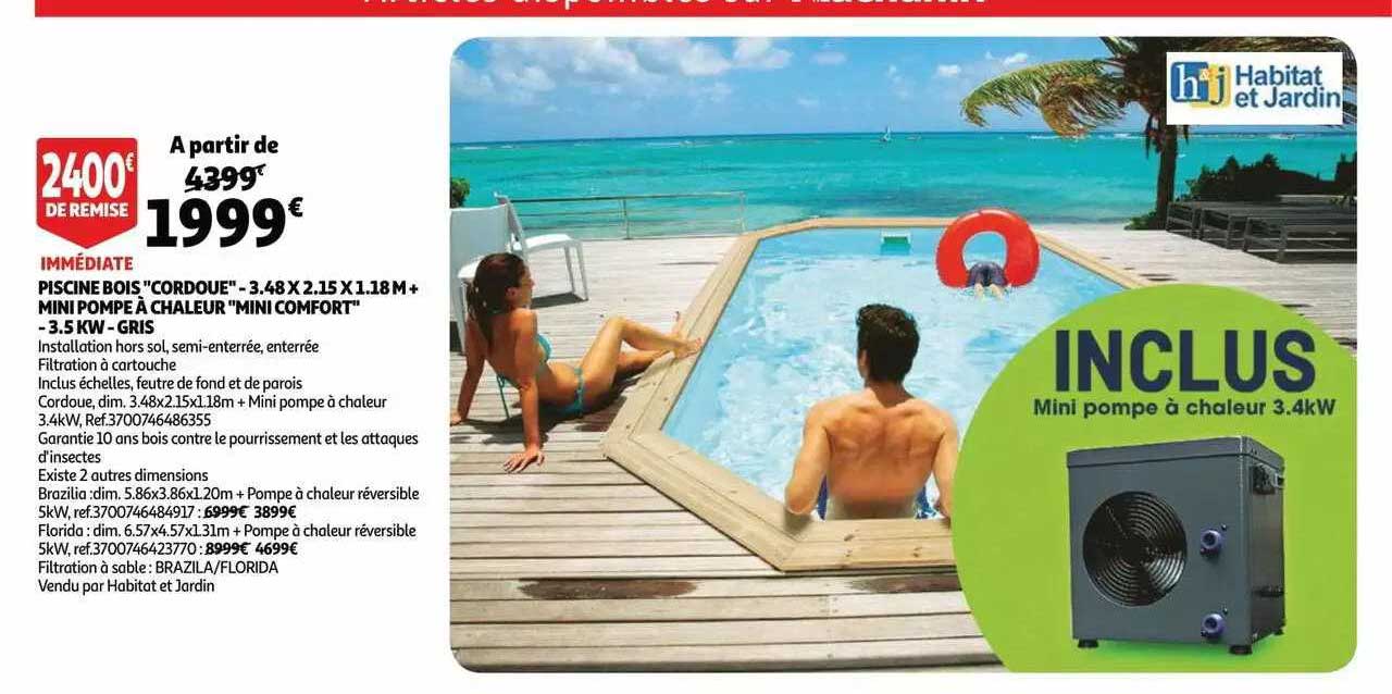 piscine bois "cordoue" - 3.48 x 2.15 x 1.18 m + mini pompe à chaleur "mini comfort" - 3.5 kw - gris habitat et jardin