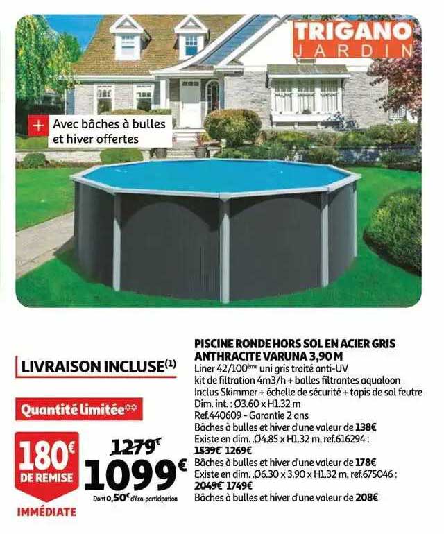 piscine ronde hors sol en acier gris anthracite varuna 3.9 m trigano jardin