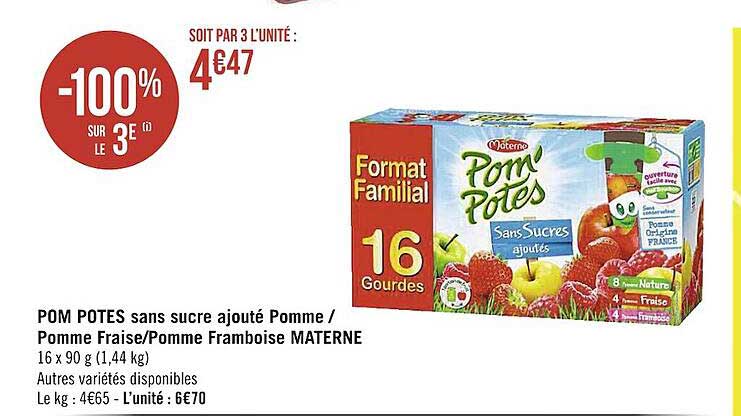 pom potes sans sucre ajouté pomme pomme fraise pomme framboise materne -100% sur le 3e