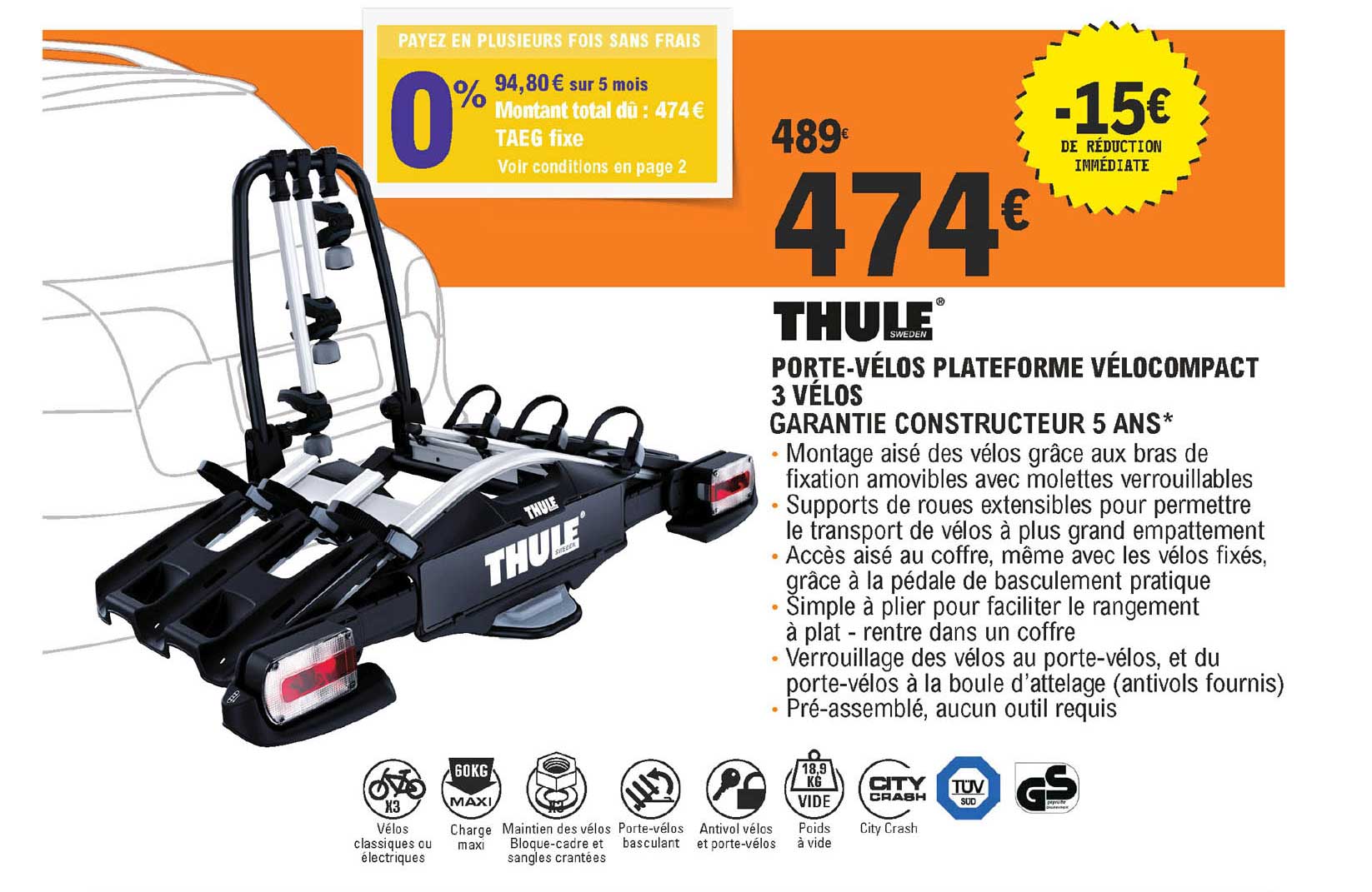 porte-vélos plateforme vélocompact 3 vélos thule