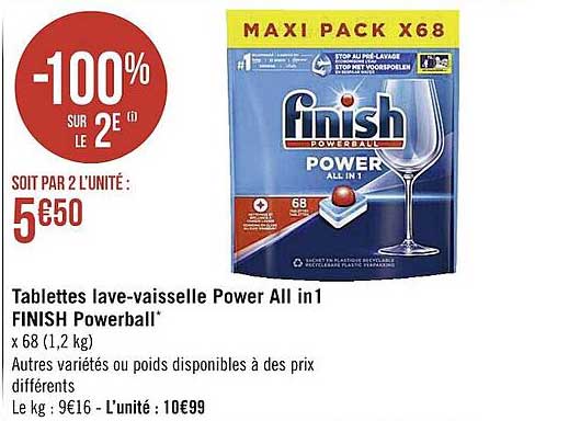 Tablettes Lave-vaisselle Power All In 1 Finish Powerball -100% Sur Le 2e