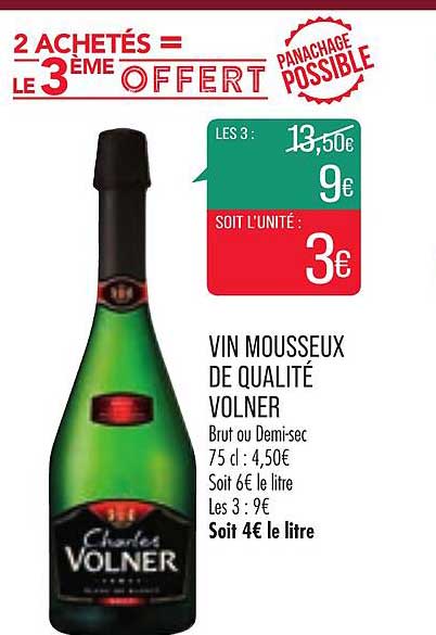 vin mousseux de qualité volner 2 achetés = le 3ème offert
