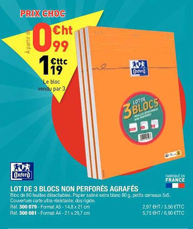 lot de 3 blocs non perforés agrafés oxford