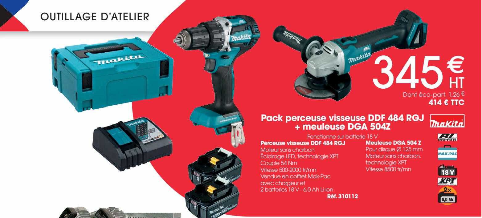 Pack Perceuse Visseuse Ddf 484 Rgj + Meuleuse Dga 504z