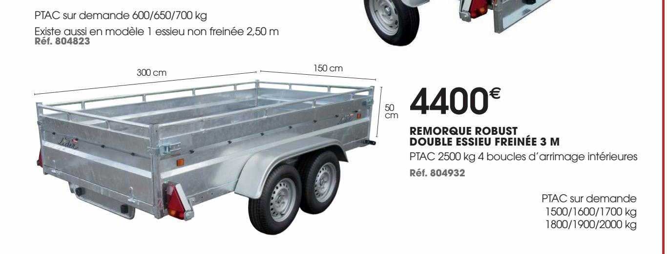 remorque robust double essieu freinée 3 m
